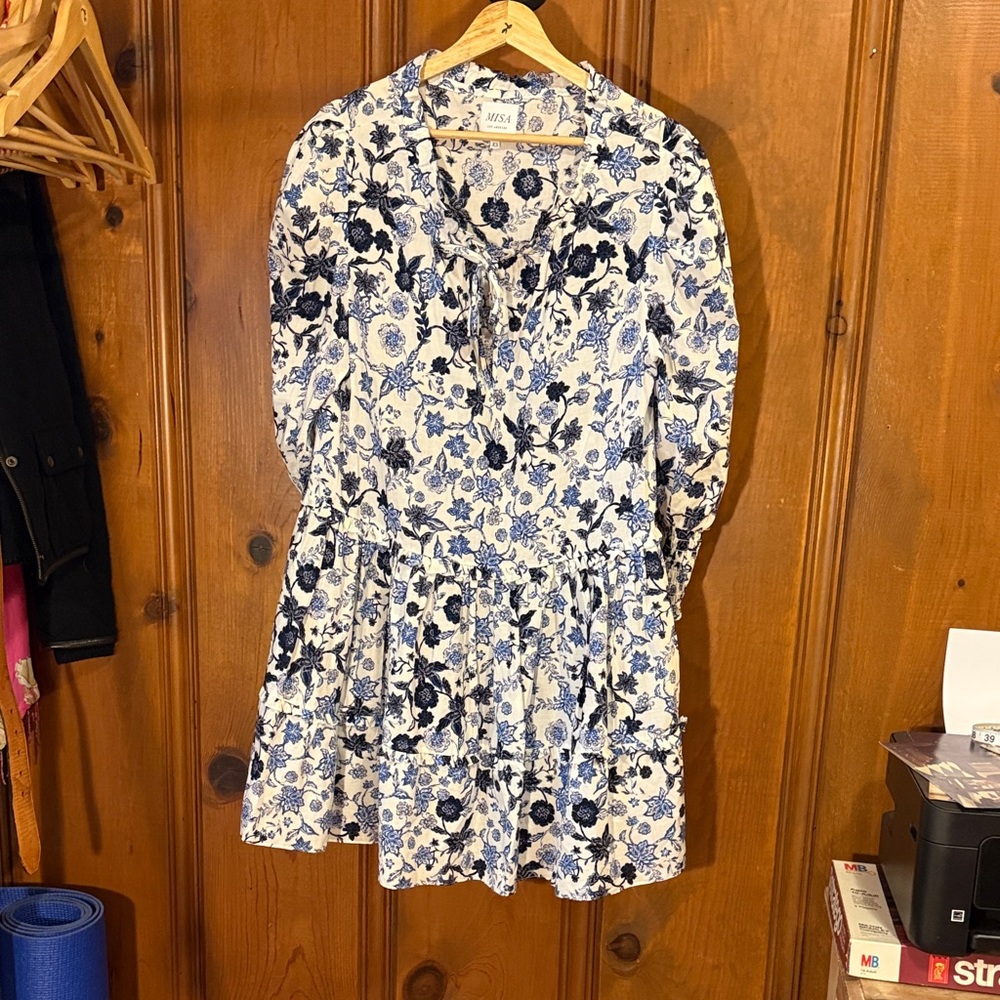 Misa Los Angeles Navy and White Floral Long Sleeve Dress